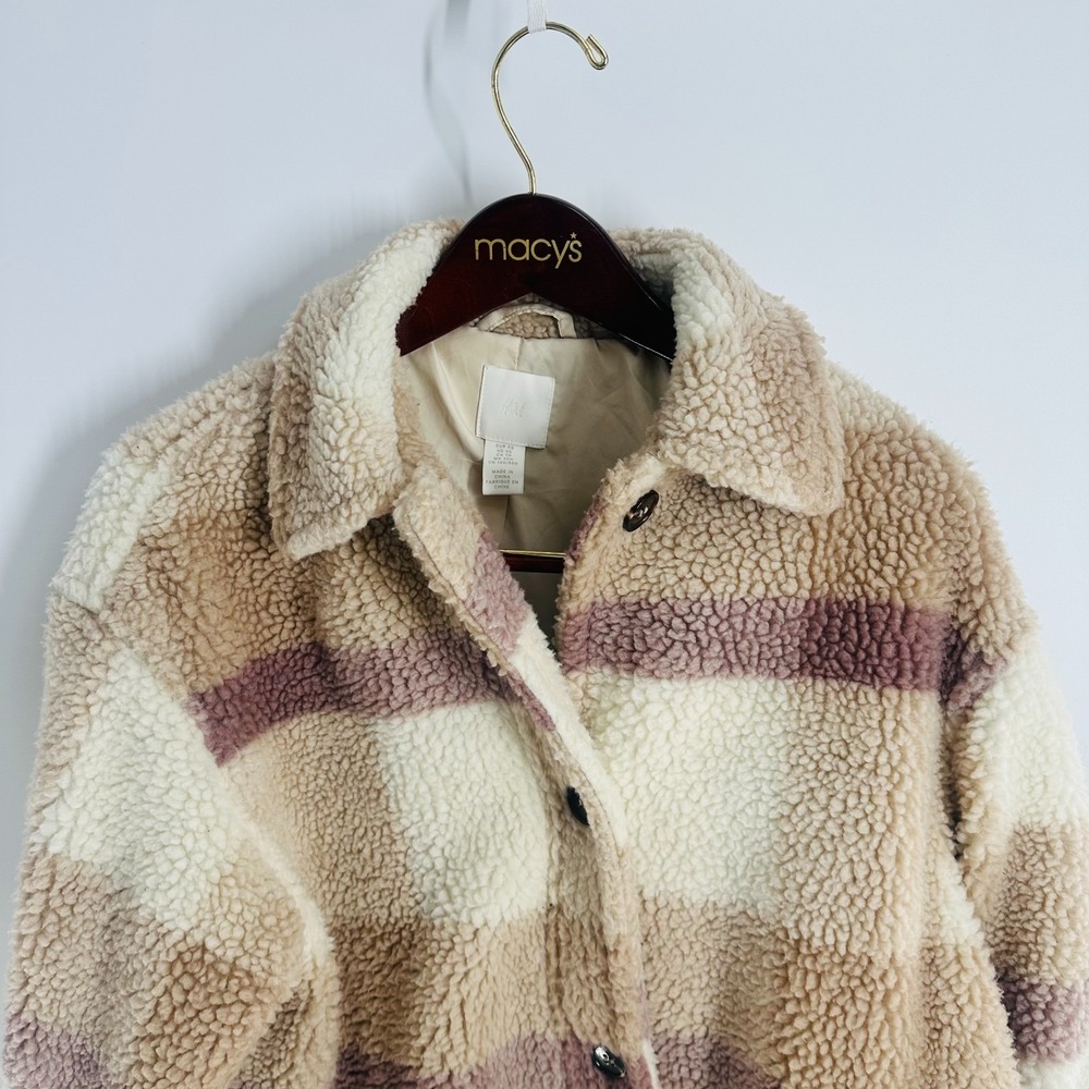 H&M Long Sleeve Collared Plaid Shearling Jacket Pastel Color Size XS‎ - Picture 2 of 8
